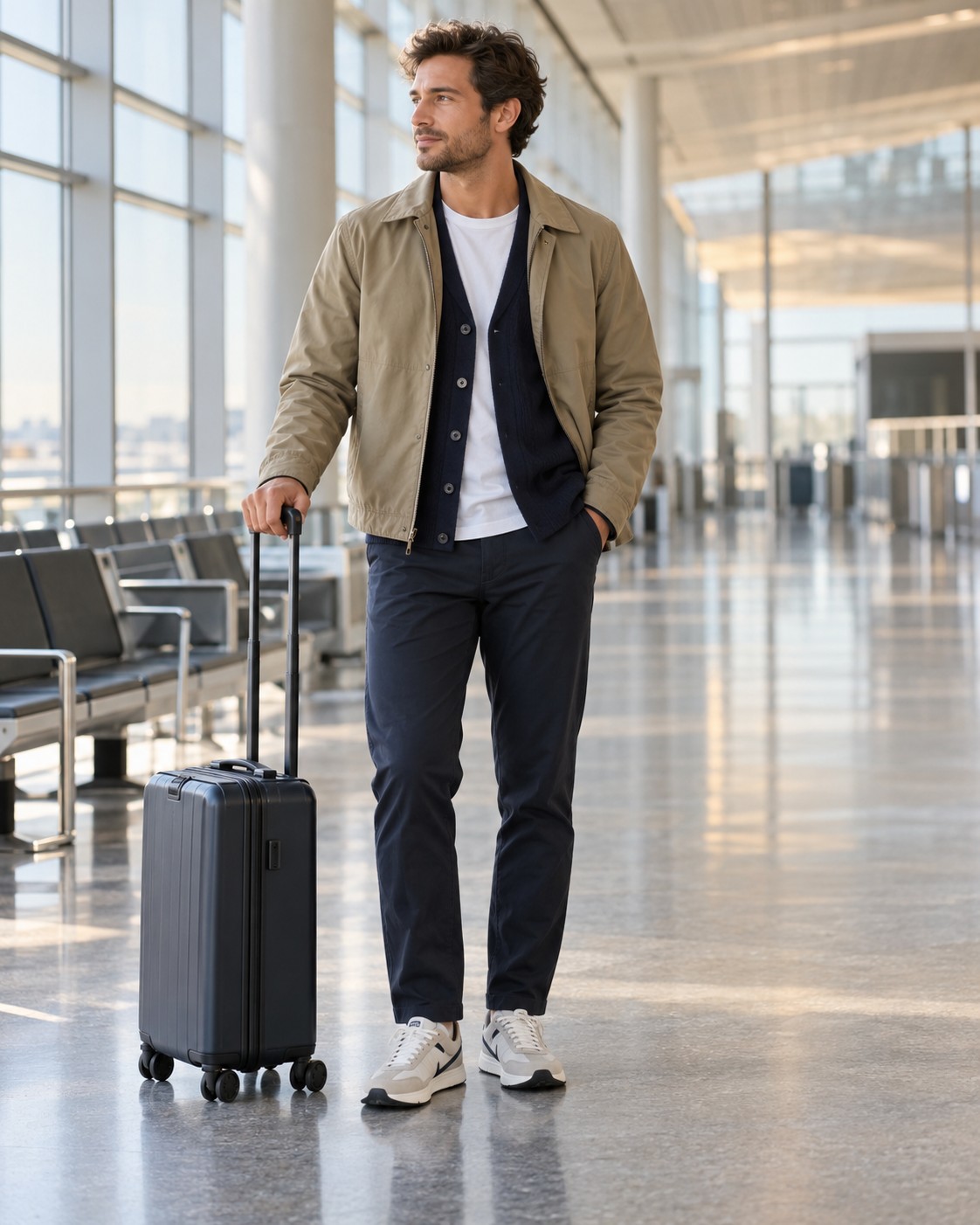 A T-shirt, navy cardigan and khaki jacket layered for airport travel.