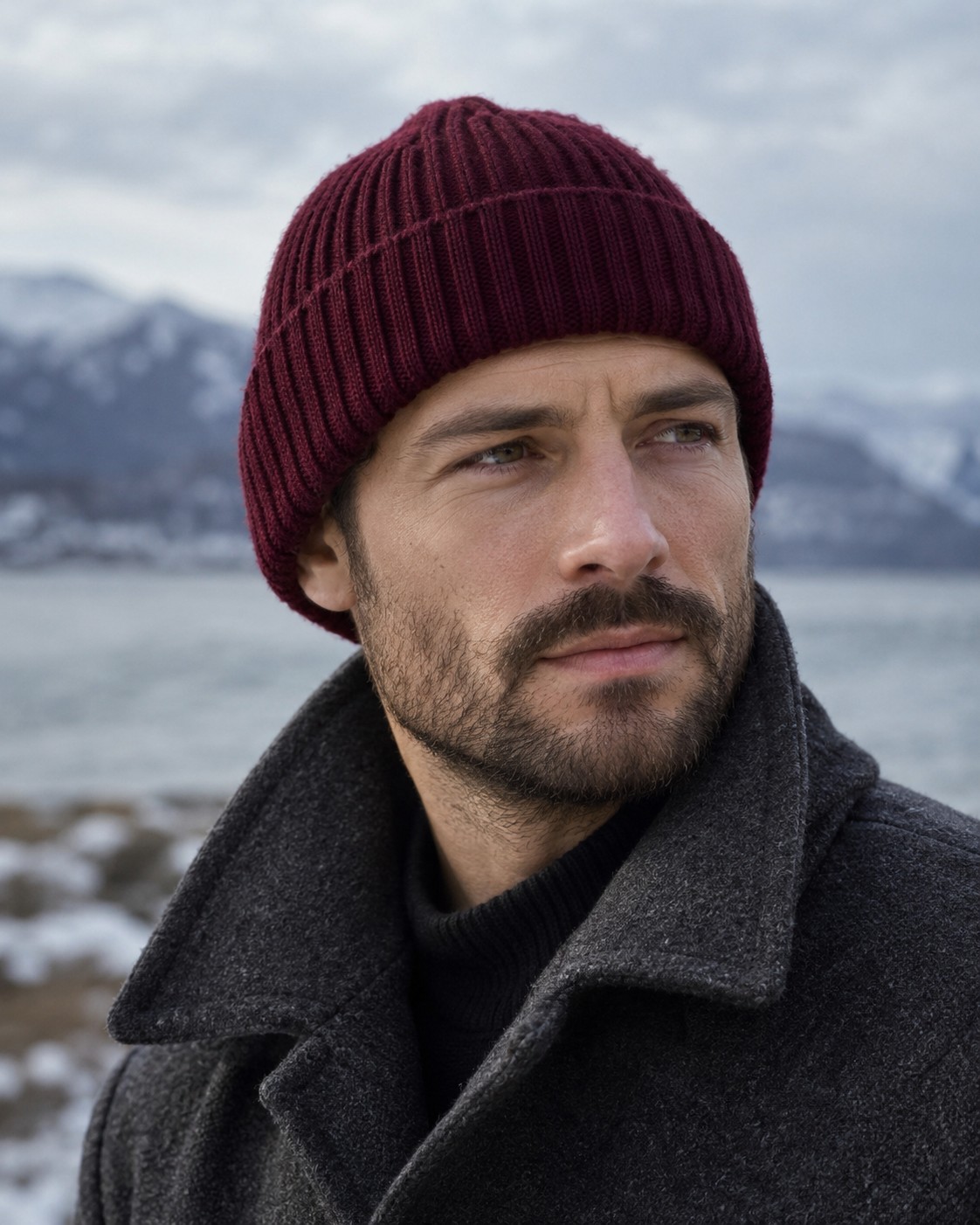 A ribbed burgundy knitted beanie worn with a charcoal coat.