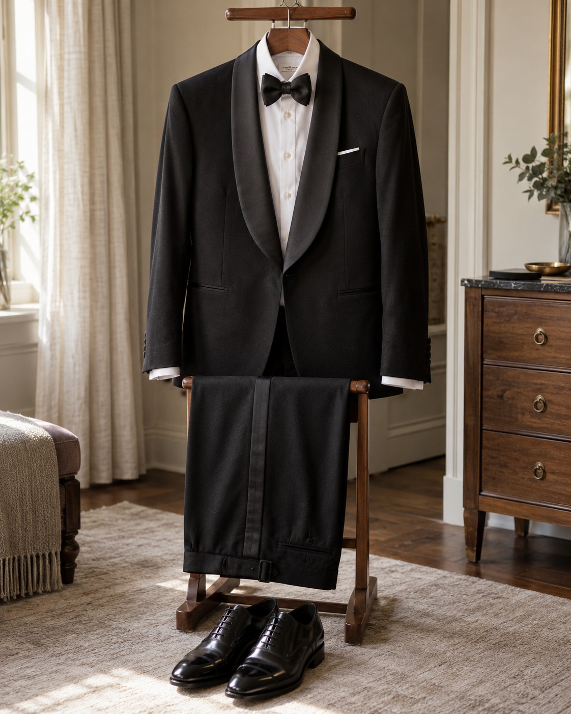 A black dinner jacket, white shirt, bow tie, trousers and formal shoes.