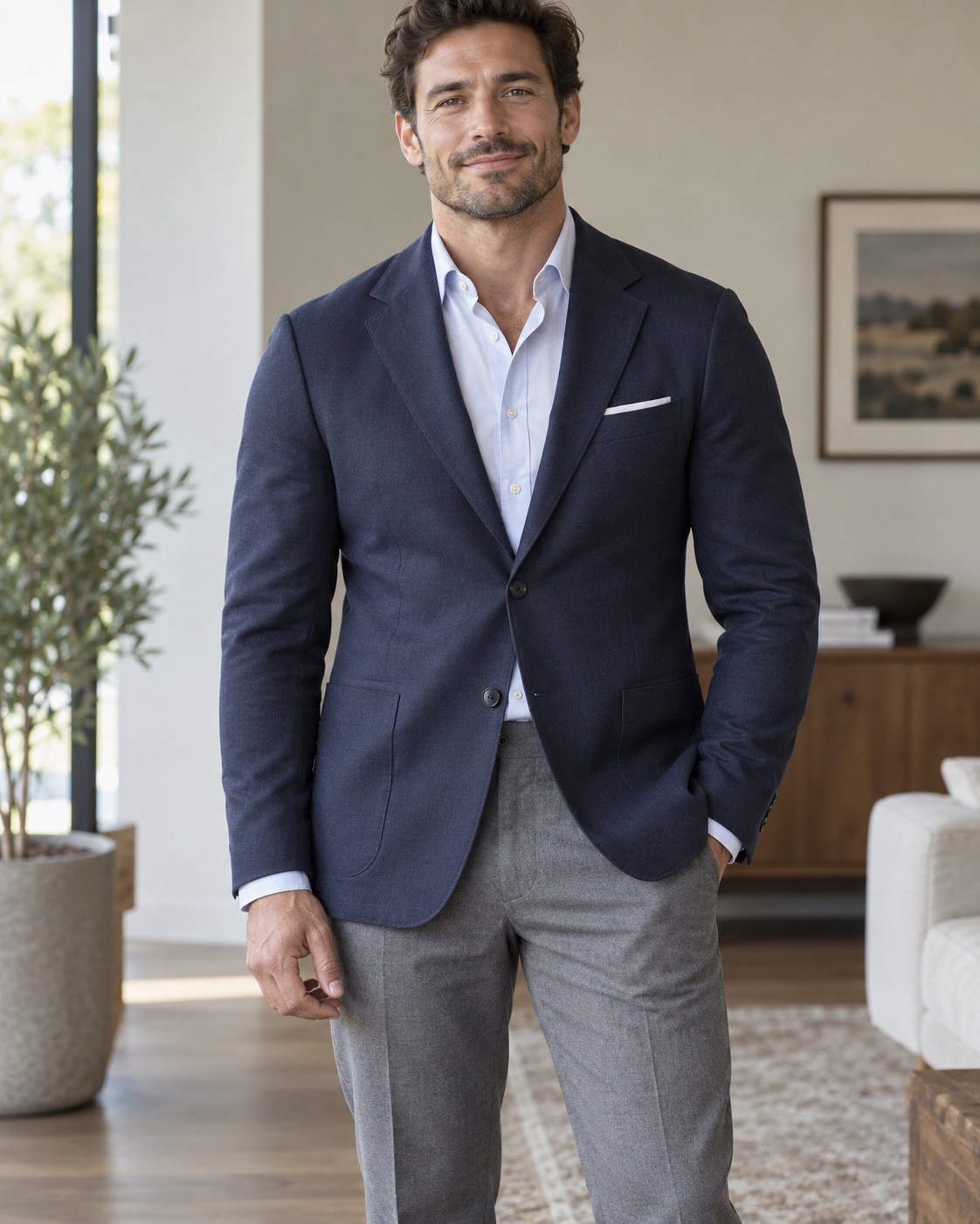 A navy jacket following a broad shoulder line without overhang.