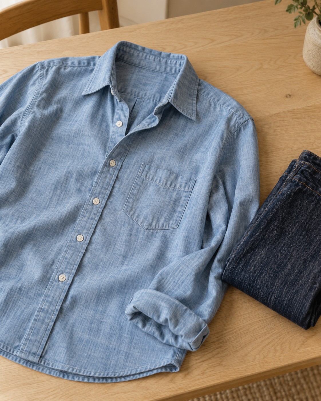 A light-blue chambray shirt beside folded dark denim.