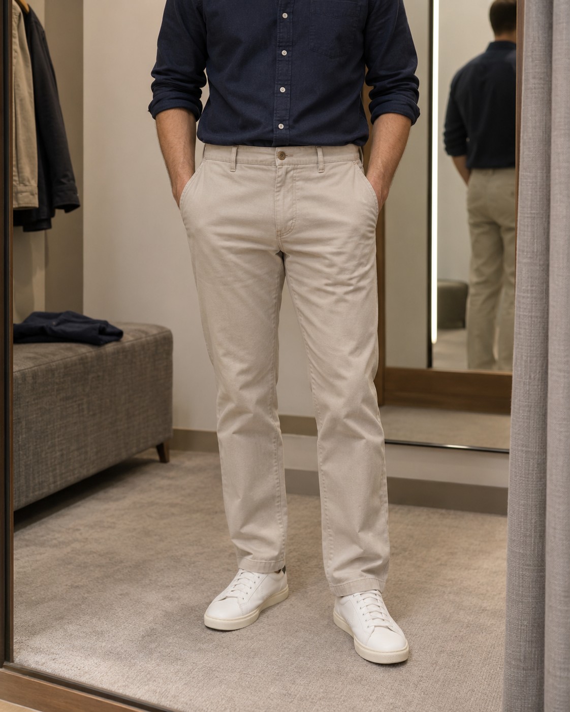 Stone cotton chinos with a navy shirt, showing the waistband, straight legs and hems.