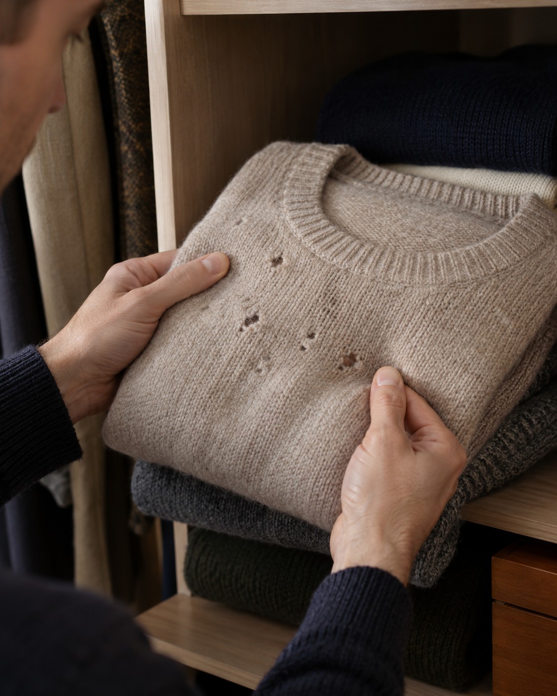 Small holes being inspected in a wool jumper.