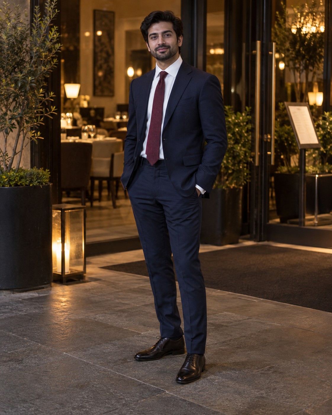 A dark blue suit and burgundy tie at an evening venue.