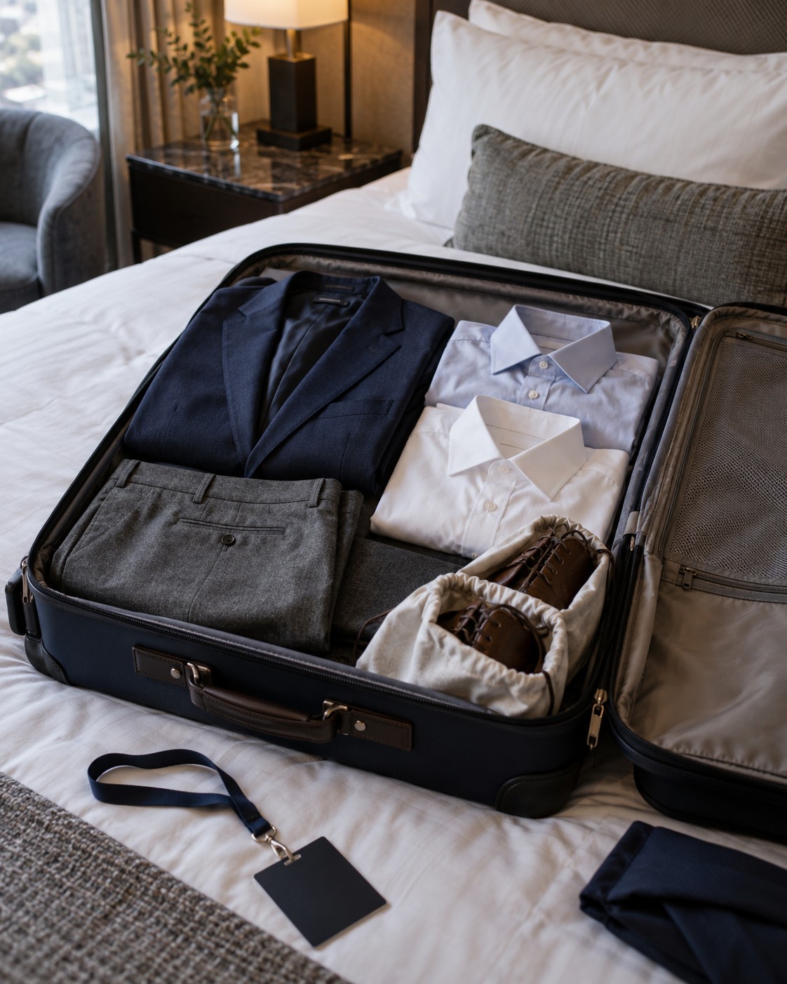 A suitcase packed with a blazer, shirts, trousers and bagged shoes.