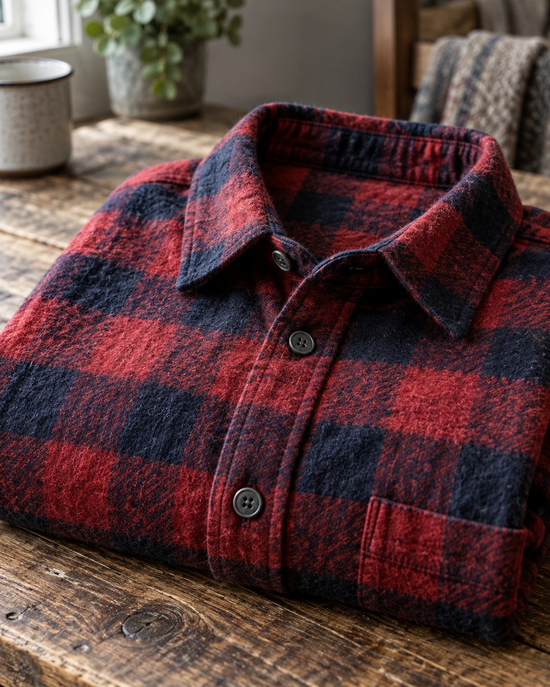 A red and navy checked flannel shirt with visible brushed fibres.