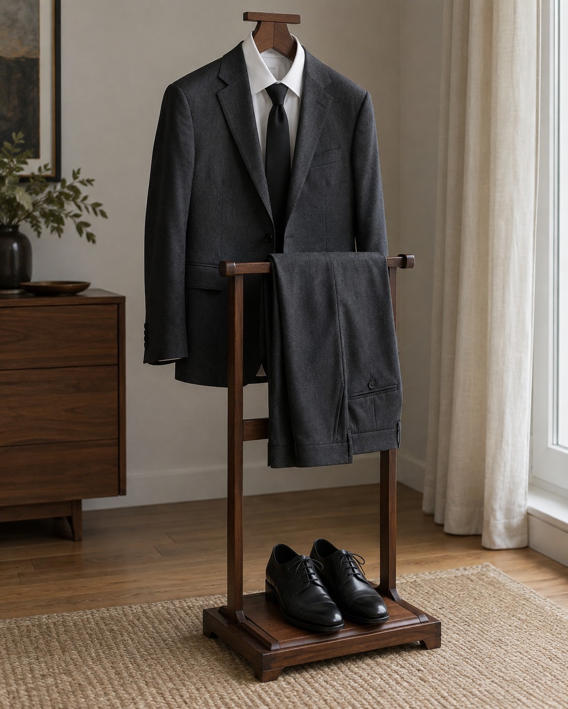 A charcoal suit, white shirt and black tie arranged on a valet stand.