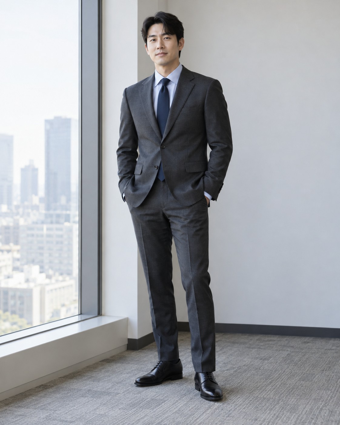 A charcoal suit, pale blue shirt and navy tie for an interview.