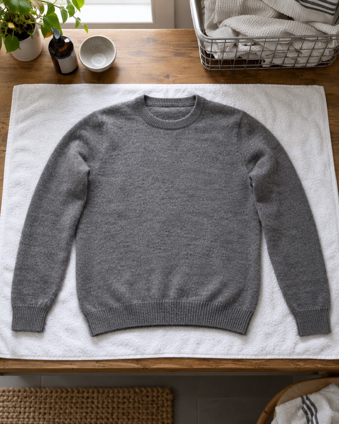 A grey wool jumper drying flat on a towel.