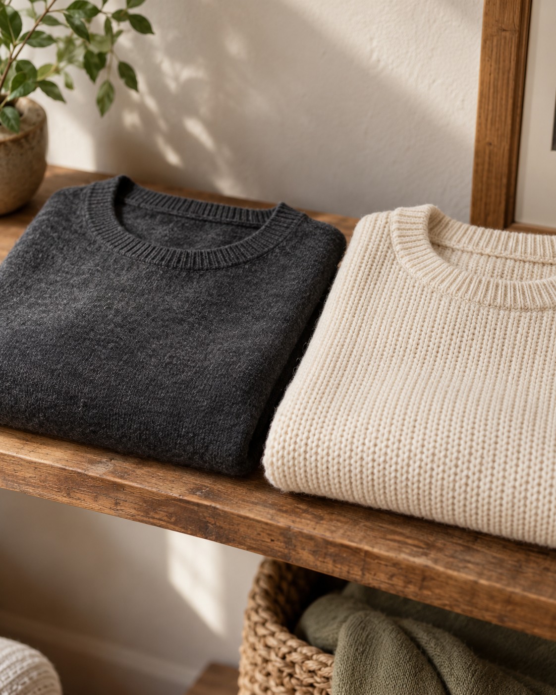 Two folded jumpers with fine charcoal and thicker cream knit textures.