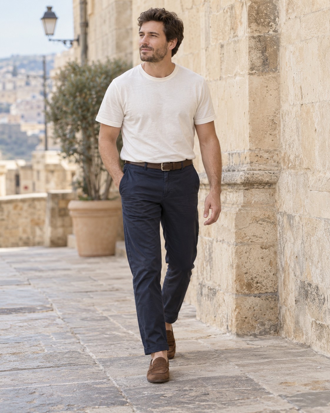 Navy cotton chinos worn with a cream T-shirt, brown belt and suede loafers.