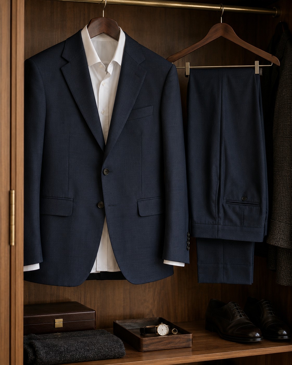 A navy two-piece suit and white shirt in a wooden wardrobe.