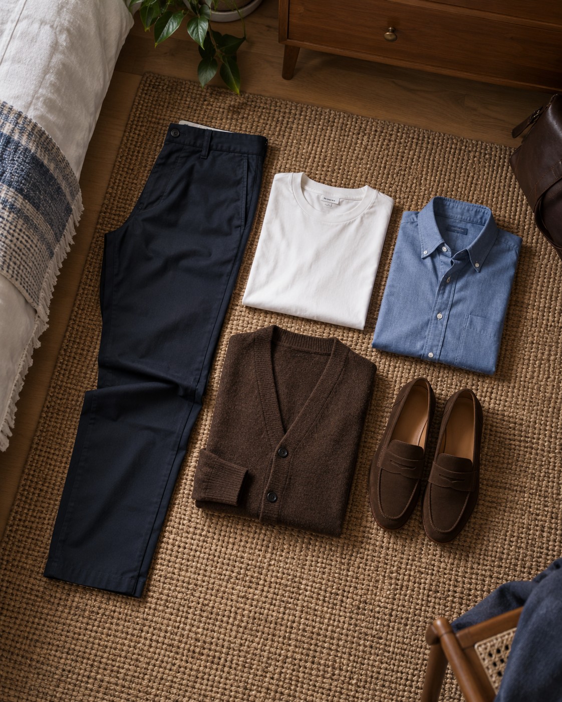 Navy trousers with three interchangeable tops and brown loafers.