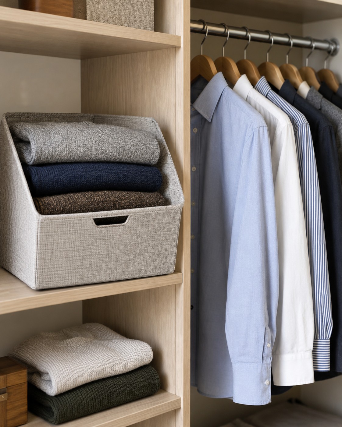 Folded wool jumpers stored beside hanging shirts.