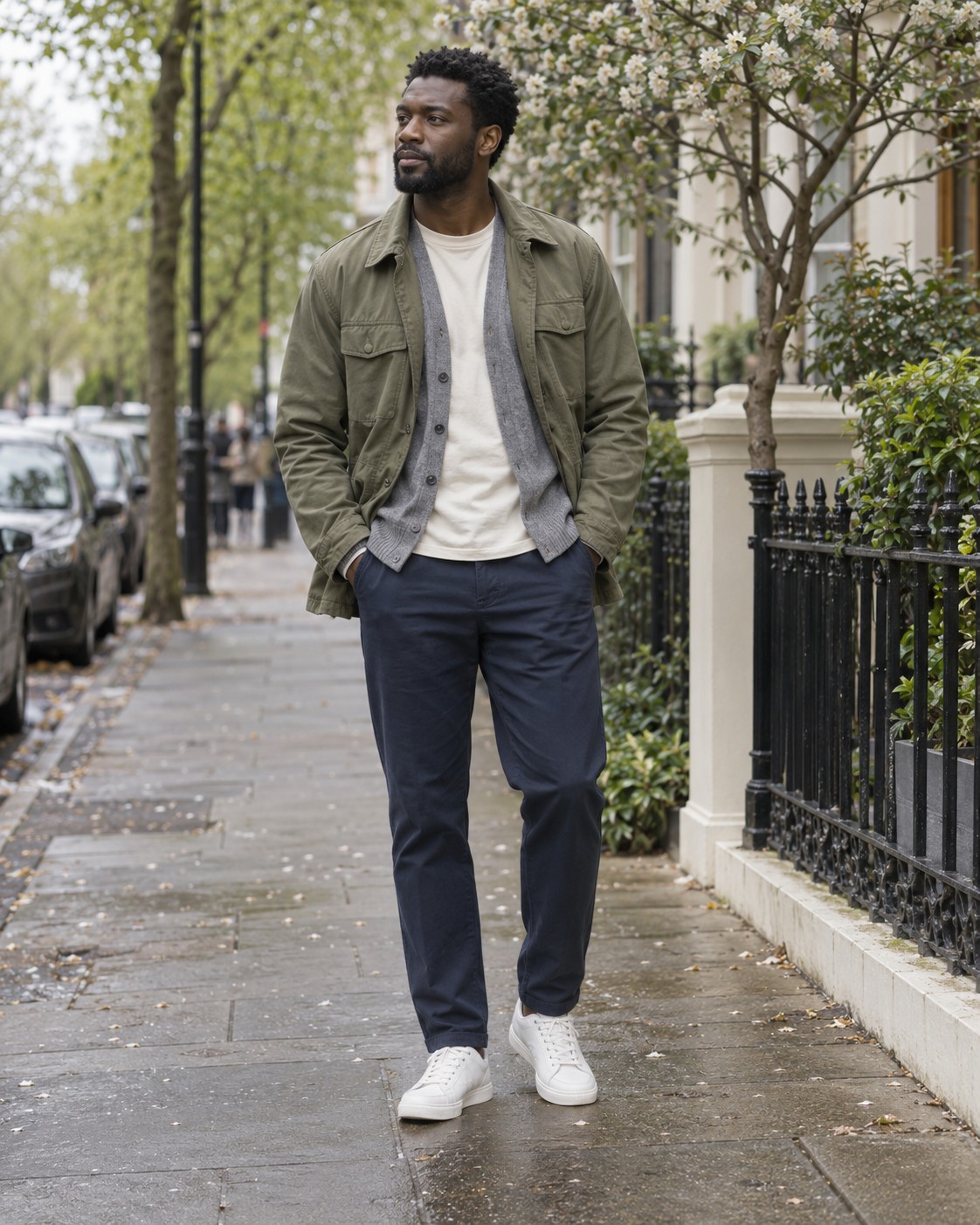 A light field jacket layered over a grey cardigan and cream T-shirt.