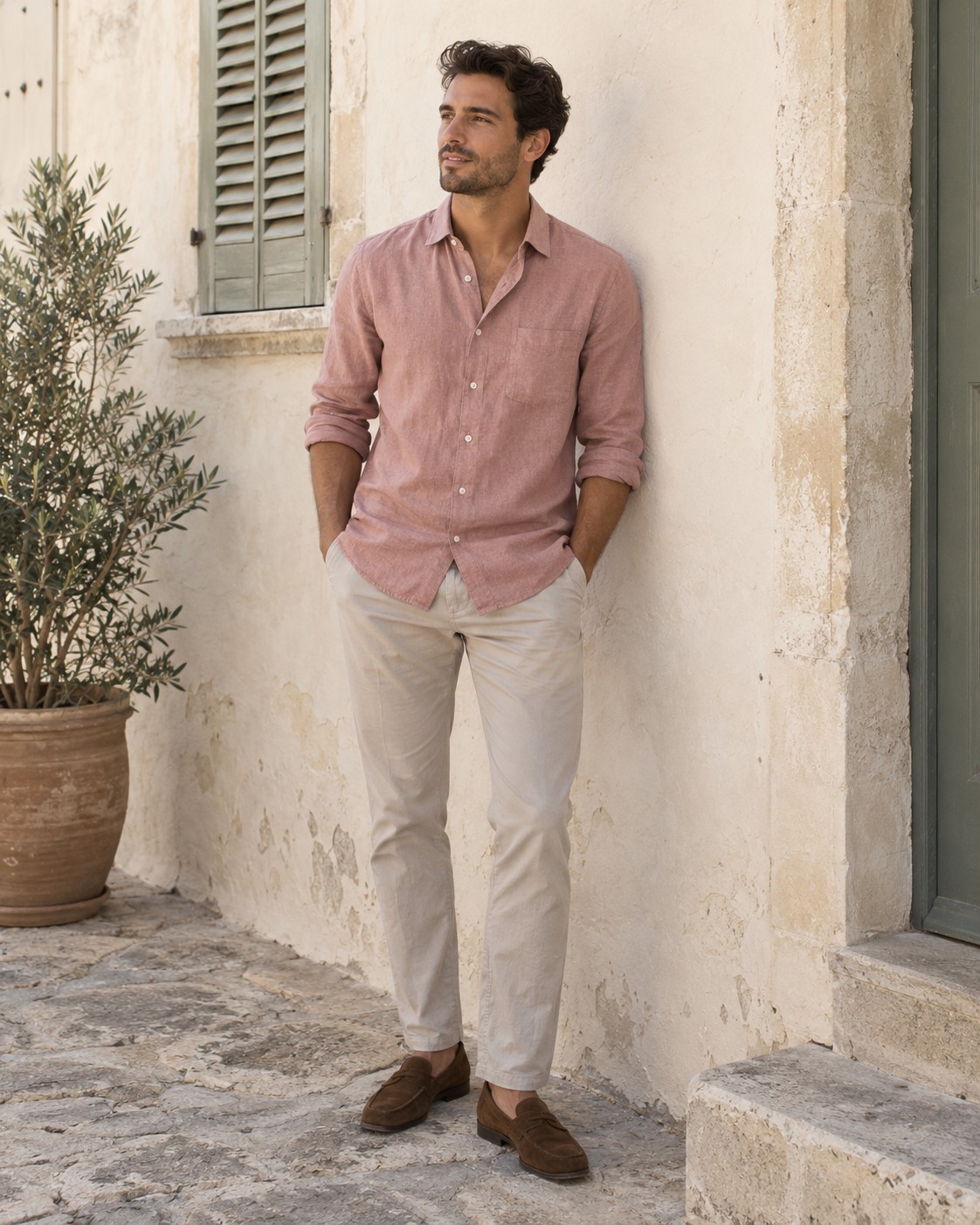 A dusty pink shirt with stone trousers and brown shoes.