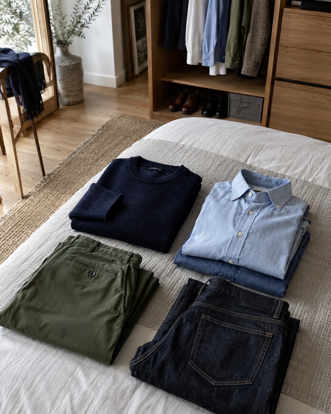 Men's shirts, knitwear and trousers sorted for a wardrobe edit.
